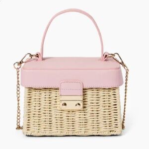 Woven Box Crossbody Bag with Pink Leather Top
